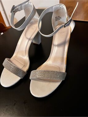 Crystal-Embellished Ankle-Strap Heels in Light Silver. 3 inch